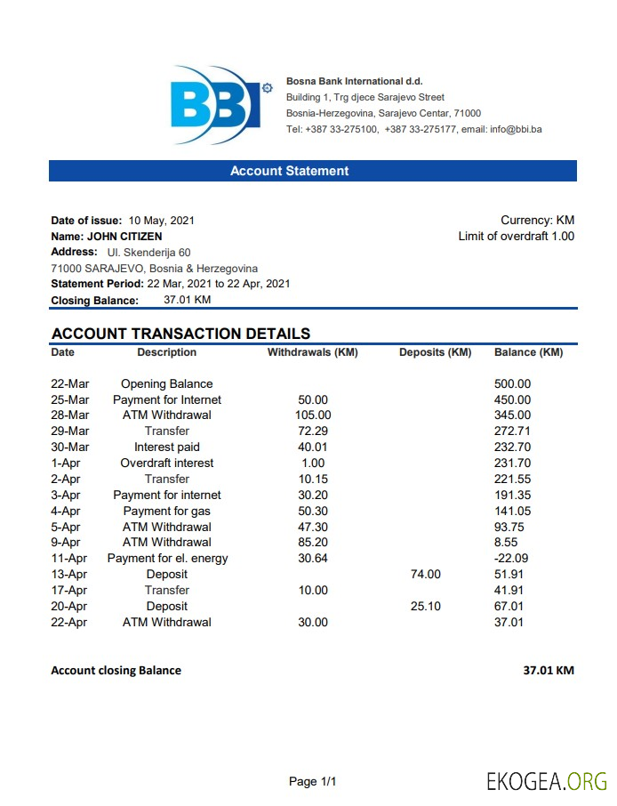 Bosnie Herzégovine Modèle de relevé bancaire international de Bosna Bank International facile à remplir au format Excel et PDF (AutoSum)